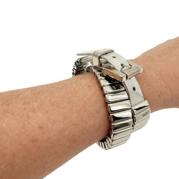 Michael Kors silver tone metal & leather Wraparound Bracelet adjustable buckle - Picture 1 of 7